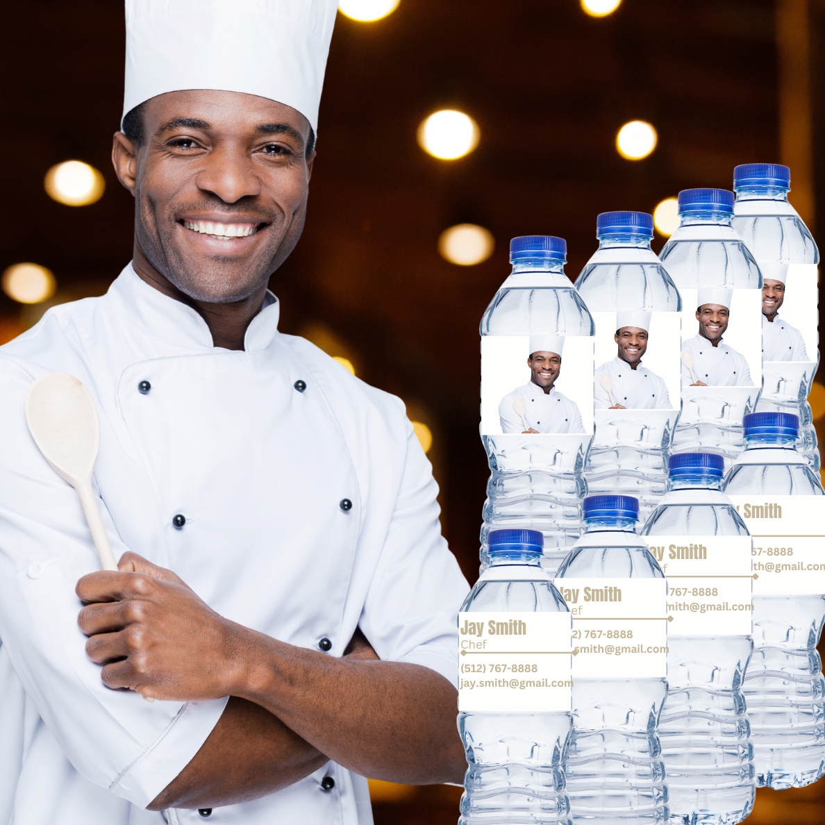 Water bottle with personalized information for branding, networking, promotion, and fun events