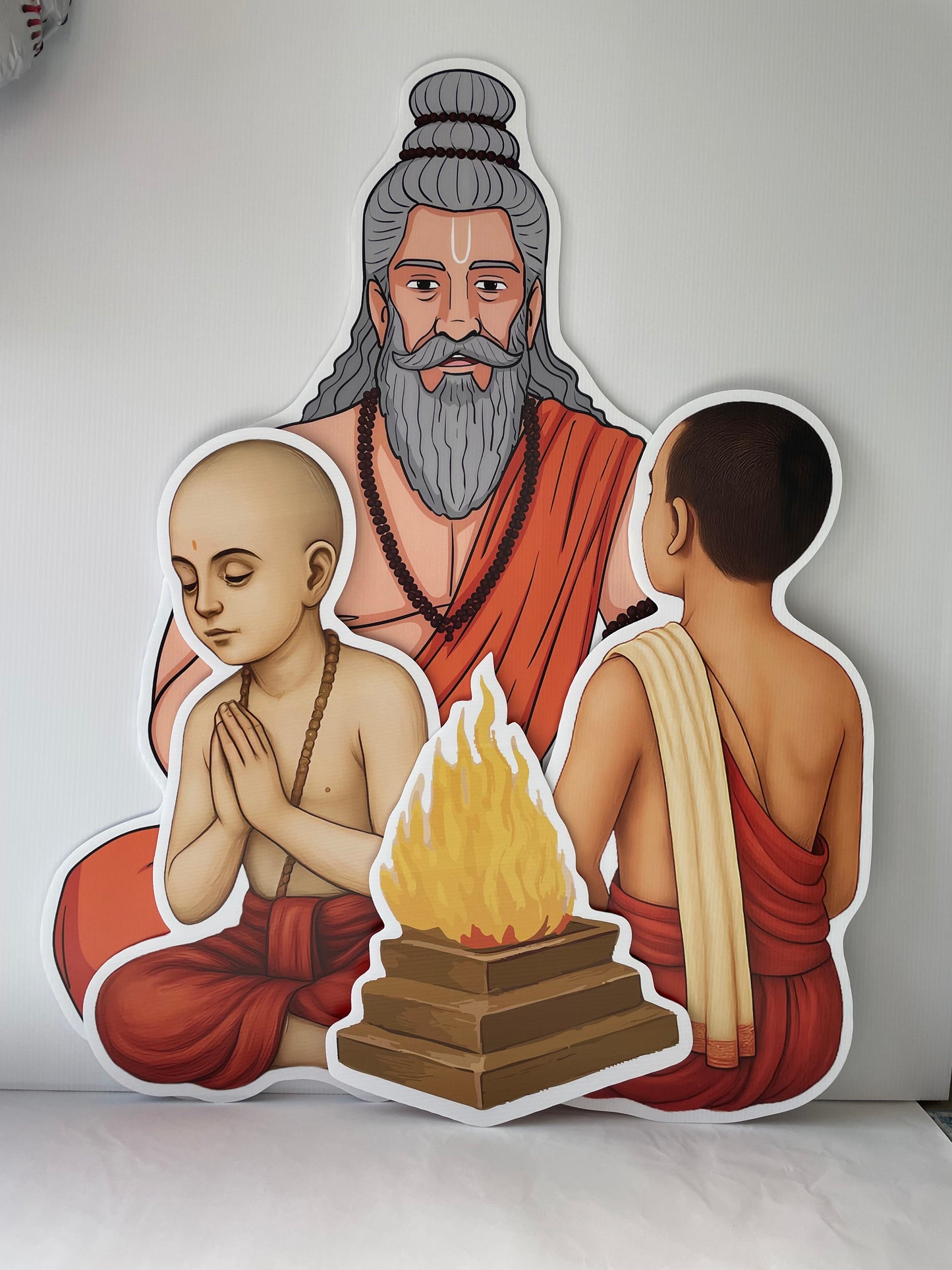 Illustration of a monk, a child, and an elderly man on a white background, indian event decor character props cutout life size