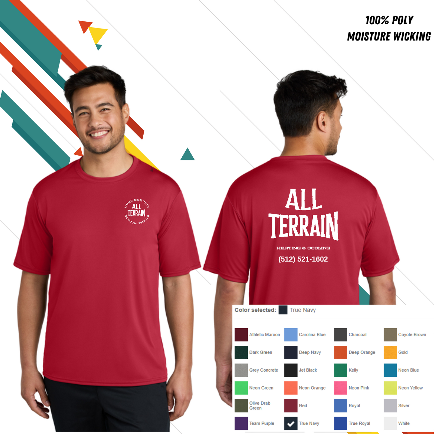Red logo 'All Terrain' t-shirt displayed on a man with front and back views, color swatch included. Custom t-shirt, logo personalized design, men’s/unisex fit, front/back view.