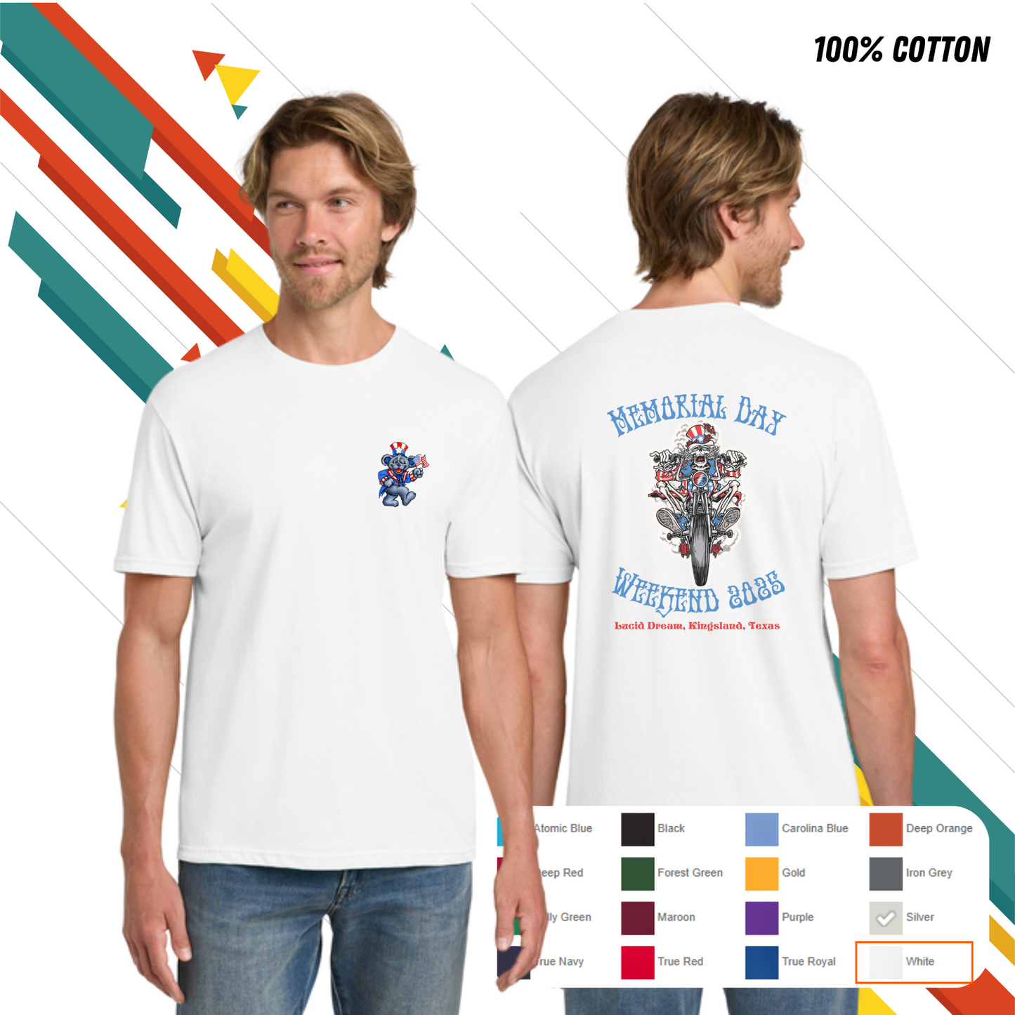 White t-shirt with Memorial Day design on front and back, worn by a model, with color swatches and '100% Cotton' text. Custom t-shirt, logo personalized design, men’s/unisex fit, front/back view.