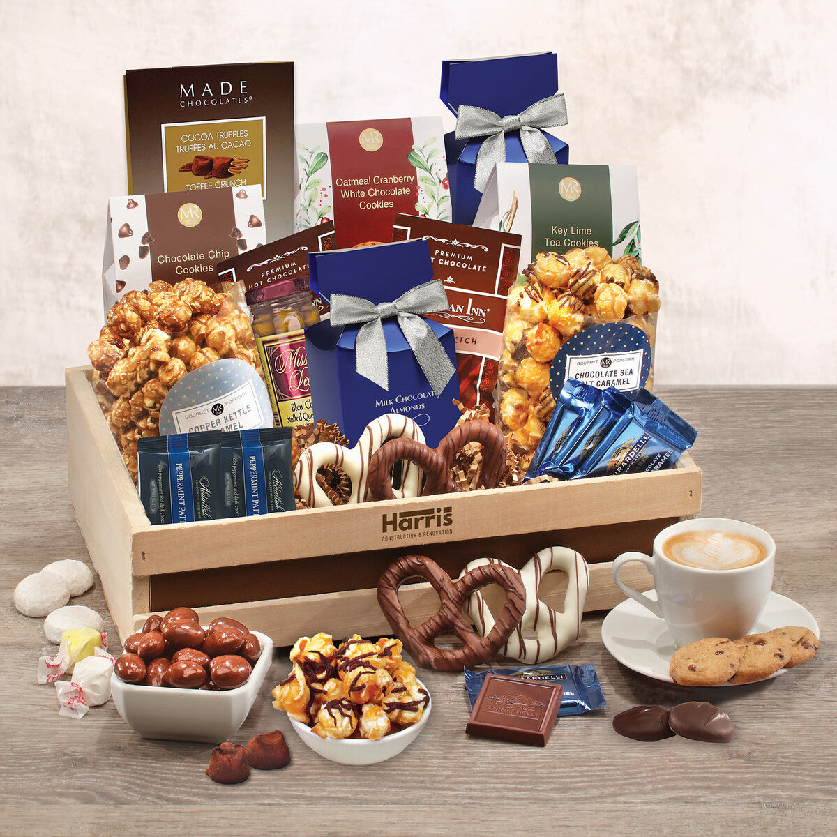 Firebrand-imprinted snack crate with cookies, chocolates, and artisan treats