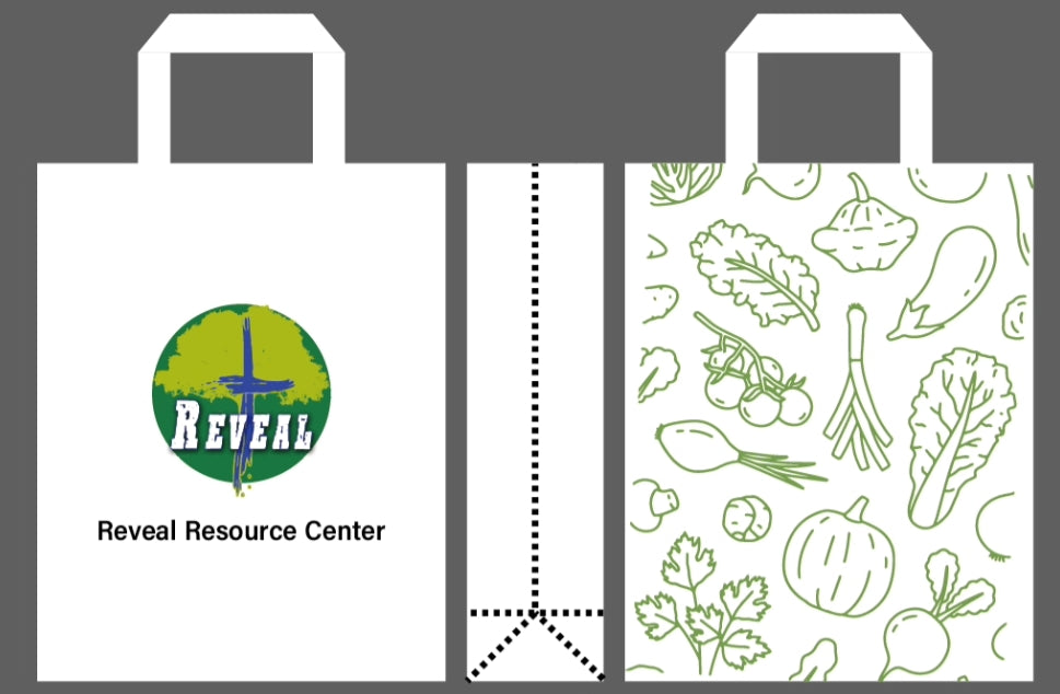 White tote bag with Reveal logo on one side and vegetable pattern on the other, on a gray background. fully customizable. one color one location available