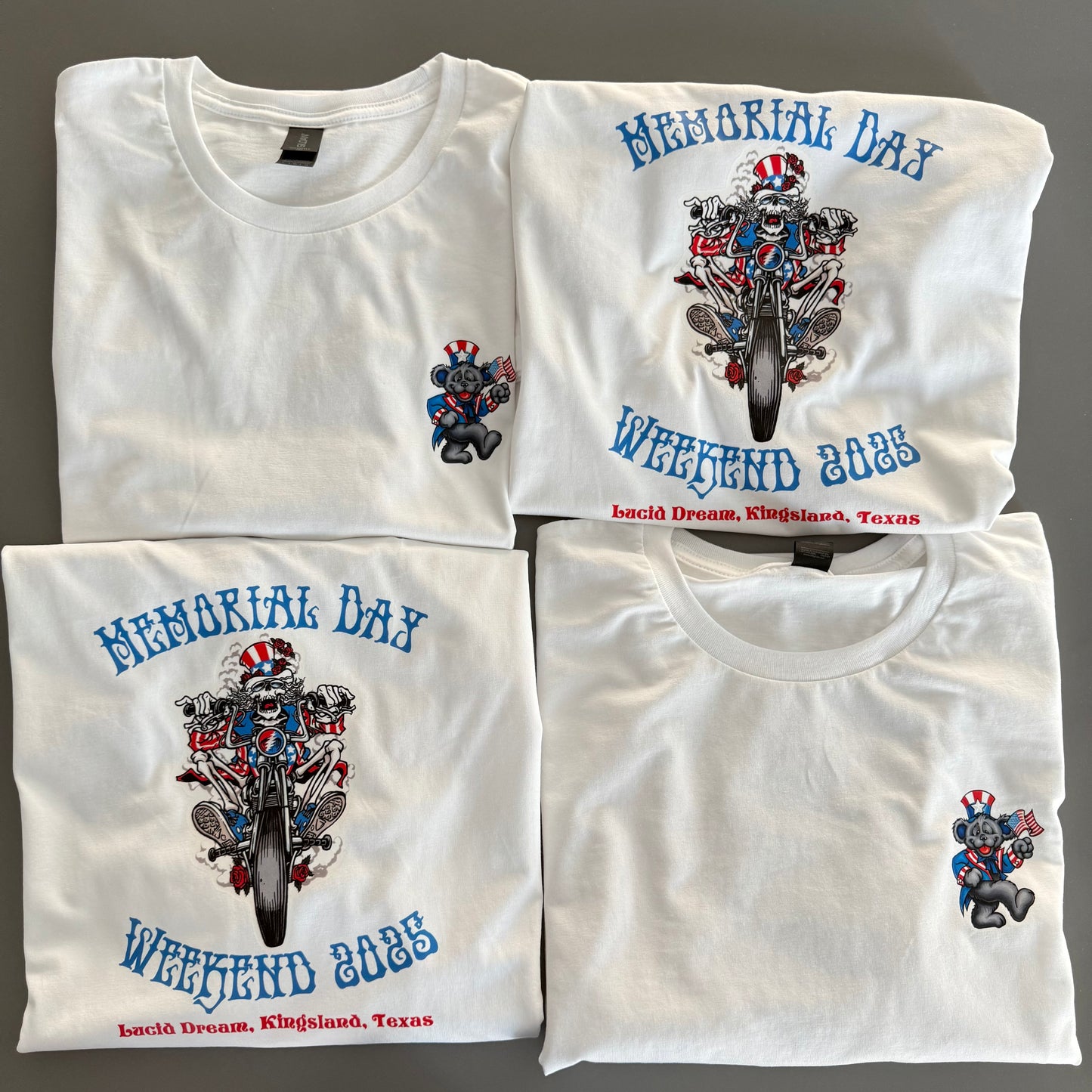 Four white t-shirts with Memorial Day Weekend 2023 graphic design on a gray background. Custom t-shirt, logo personalized design, men’s/unisex fit, front/back view.. custom personalized t shirt unisex kid youth adult women men crew neck polyester moisture wicking cotton soft comfortable