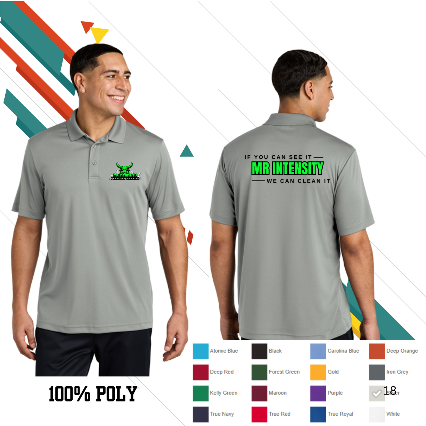 Gray polo shirt with front and back designs, color swatches, and text on a white background. Custom t-shirt, logo personalized design, men’s/unisex fit, front/back view.