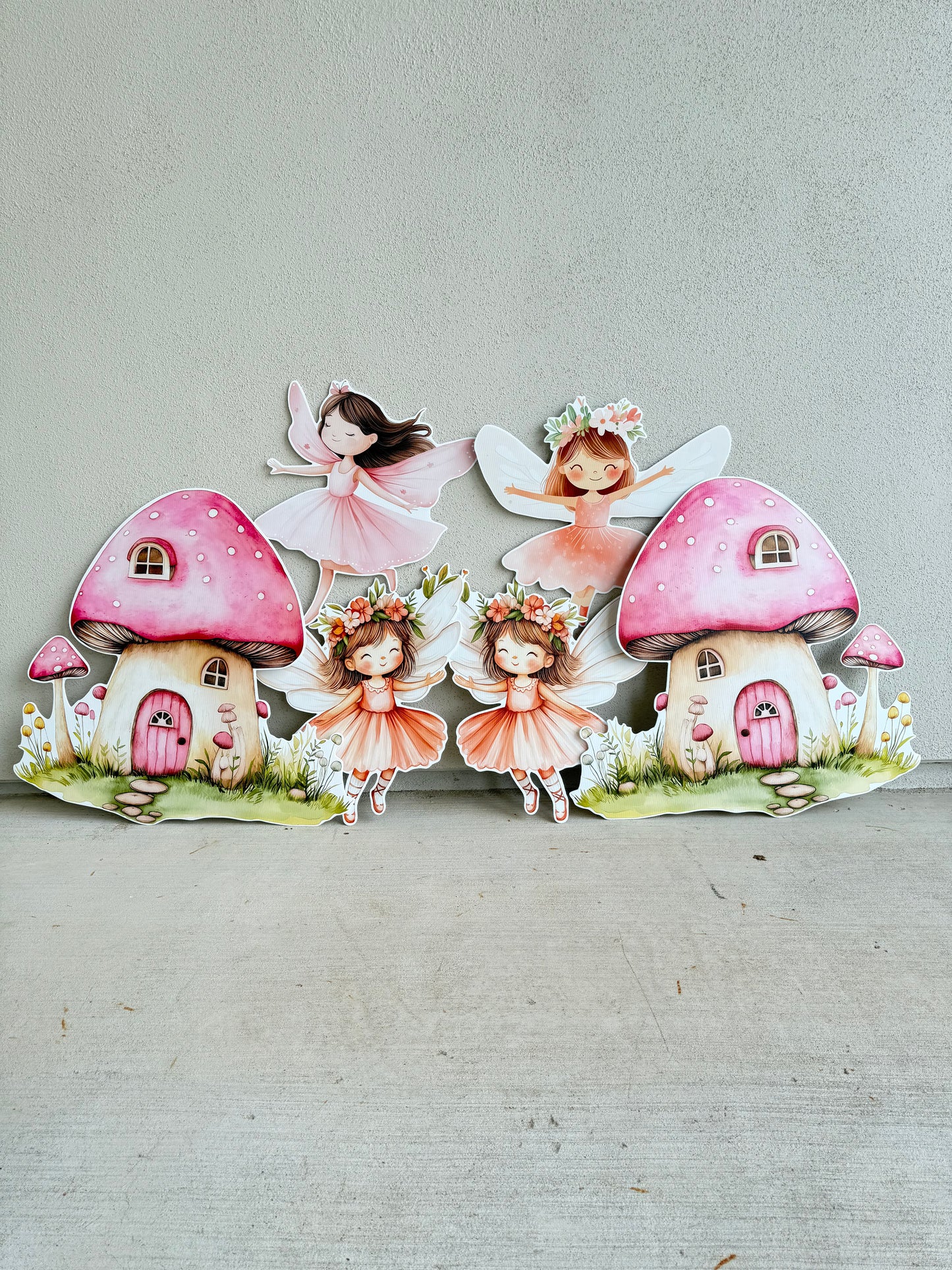 Set of fairy with pink mushroom houses on a gray background, event party decorator decor props cutout