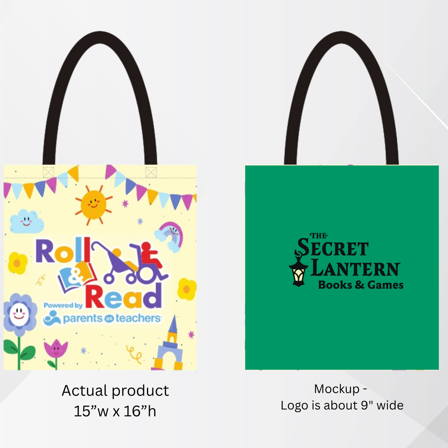 Two tote bags, one with colorful design and text, the other with a green background and logo.Colorful tote bag with cartoon designs and text on a white background, tote bag, custom, personalize, premium quality