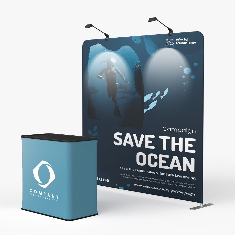 Trade show tension fabric display stand with vibrant custom graphics