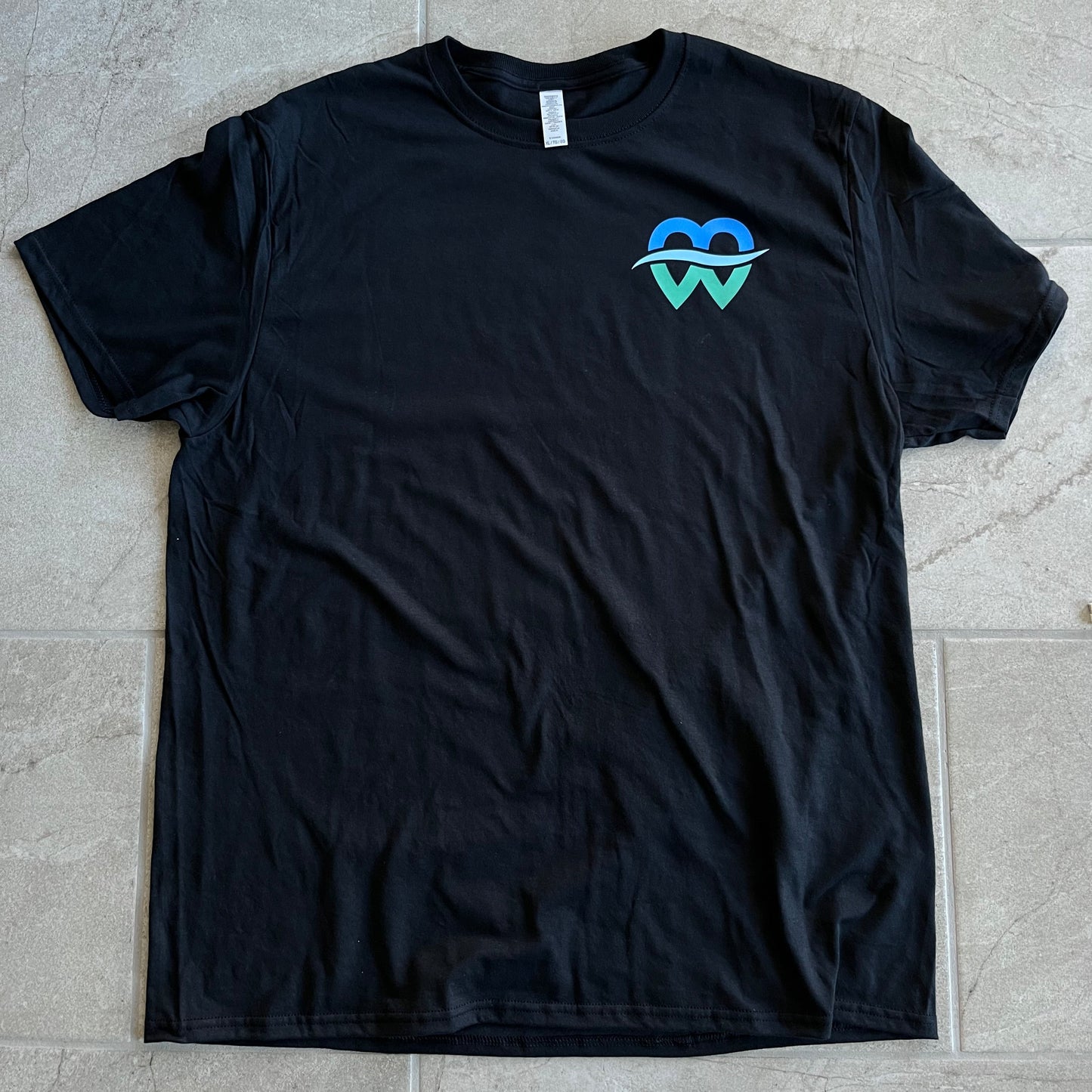 Black t-shirt with a logo on display. Custom t-shirt, logo personalized design, men’s/unisex fit, front/back view.. custom personalized t shirt unisex kid youth adult women men crew neck polyester moisture wicking cotton soft comfortable