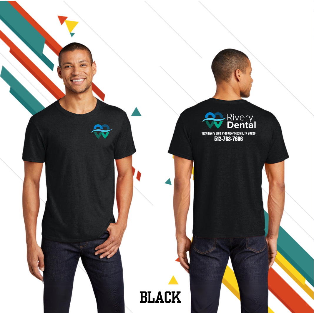 Black t-shirt with Rivery Dental logo on front and back, worn by a person against a colorful geometric background. Custom t-shirt, logo personalized design, men’s/unisex fit, front/back view.