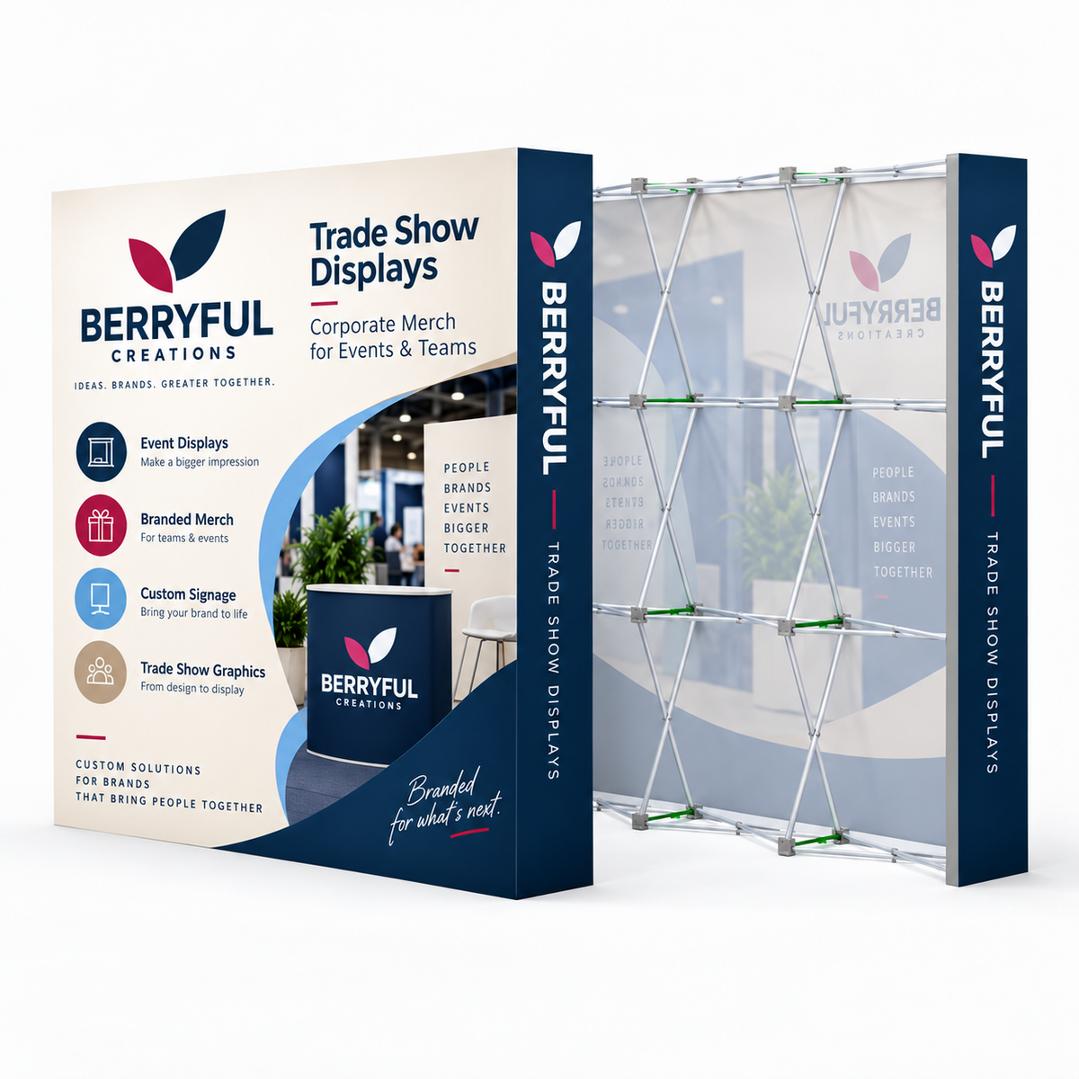 Custom 8ft fabric pop up trade show display with full-color company logo backdrop