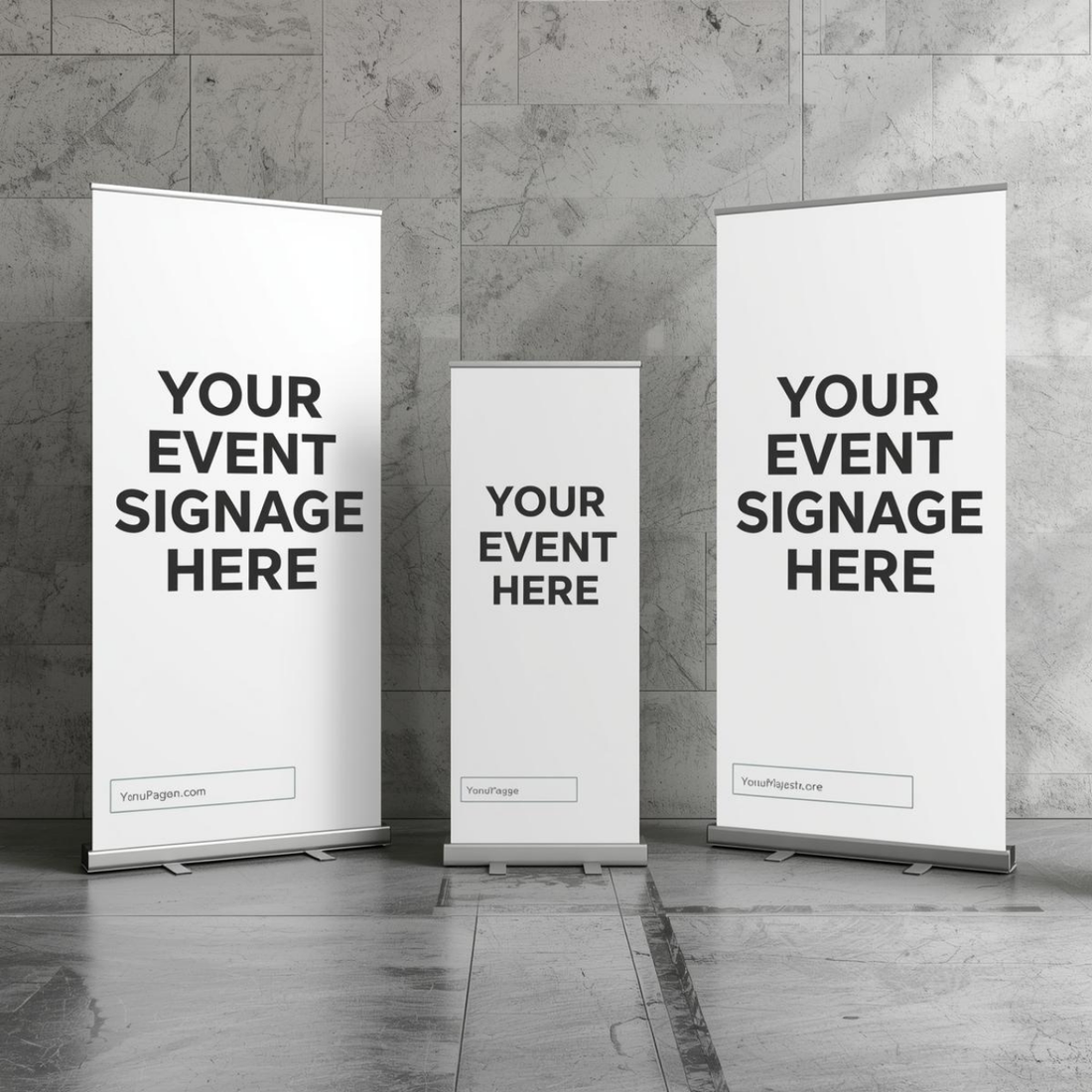 Custom event signage with “YOUR EVENT SIGNAGE HERE” placeholder for Austin businesses