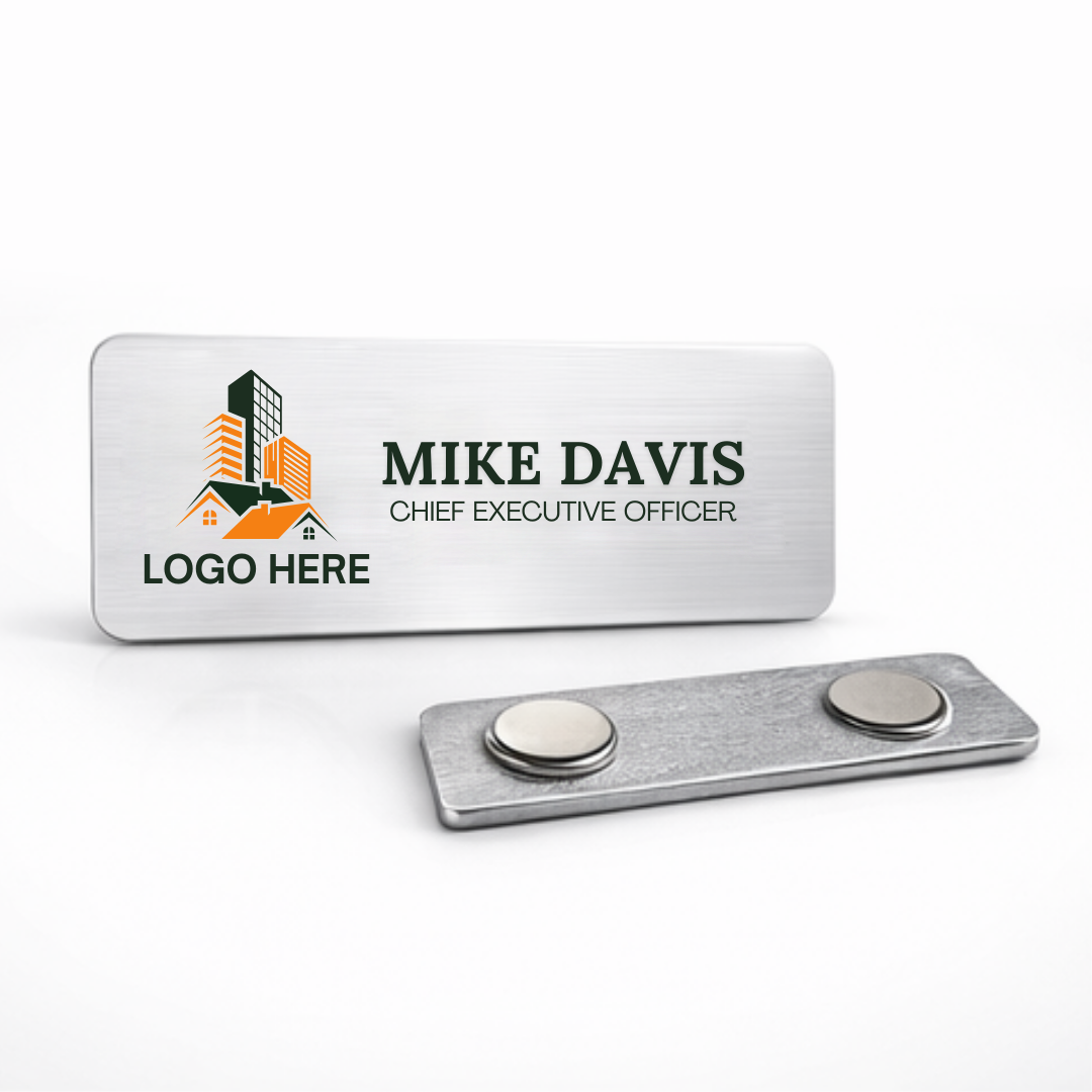 Sublimation aluminum name badge designed for business professionals, featuring logo, name, and title in full color