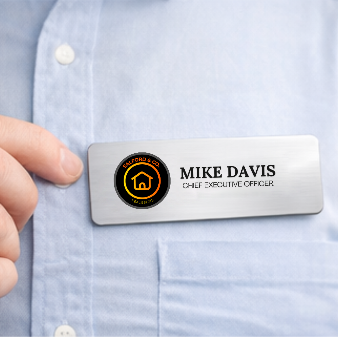 Personalized metal name badge with professional finish, ideal for staff identification and promotional branding