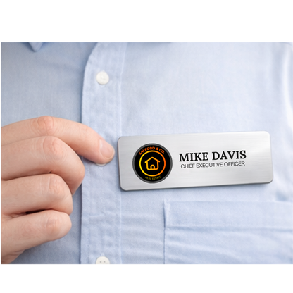 Custom aluminum name tag with smooth sublimation surface, perfect for office teams, spas, and service businesses