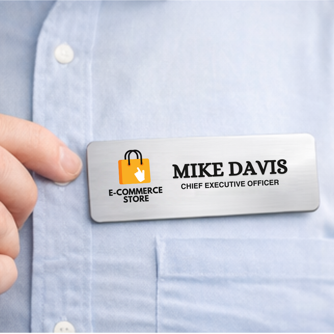 Professional sublimation name badge made from durable aluminum, designed for events, meetings, and staff uniforms