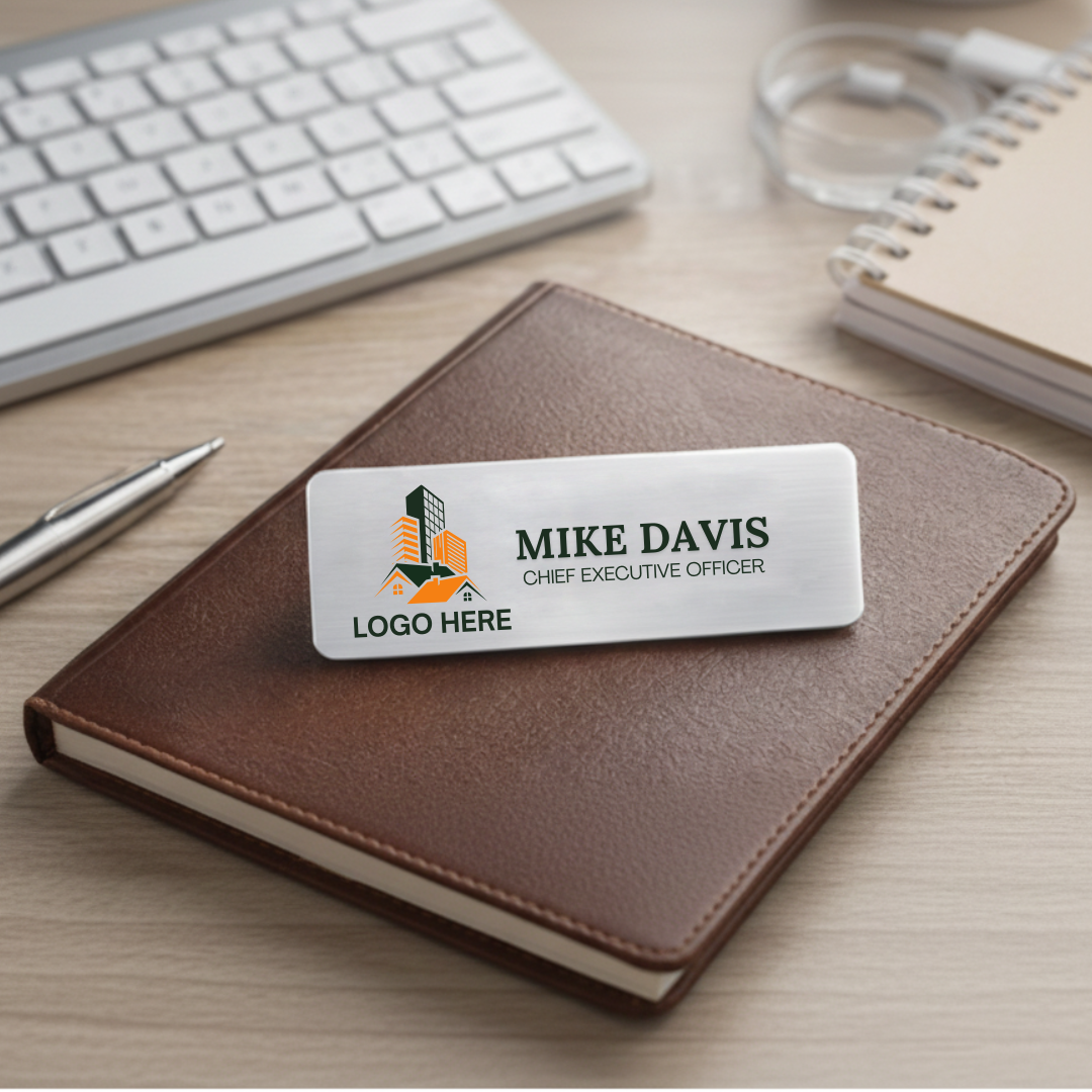 Custom logo aluminum name badge with clean, modern appearance for corporate branding and business promotions