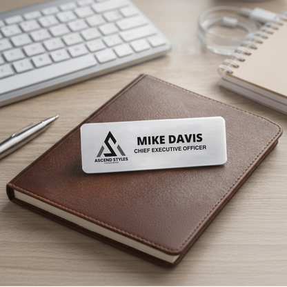 Sublimation printed aluminum name tag with rounded corners, ideal for professional environments and trade shows