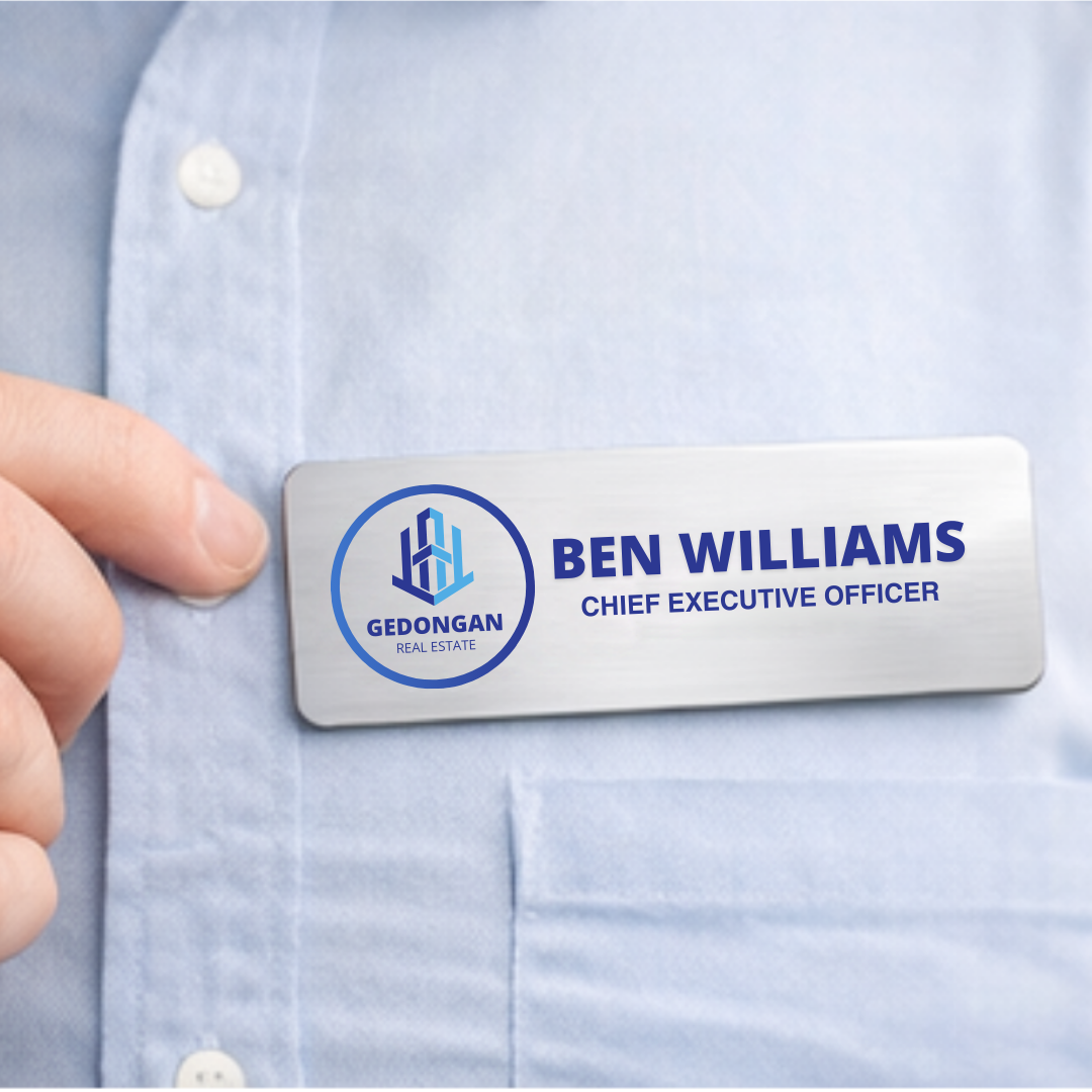 Custom sublimation name tag for employees and event staff, featuring sharp text and logo clarity