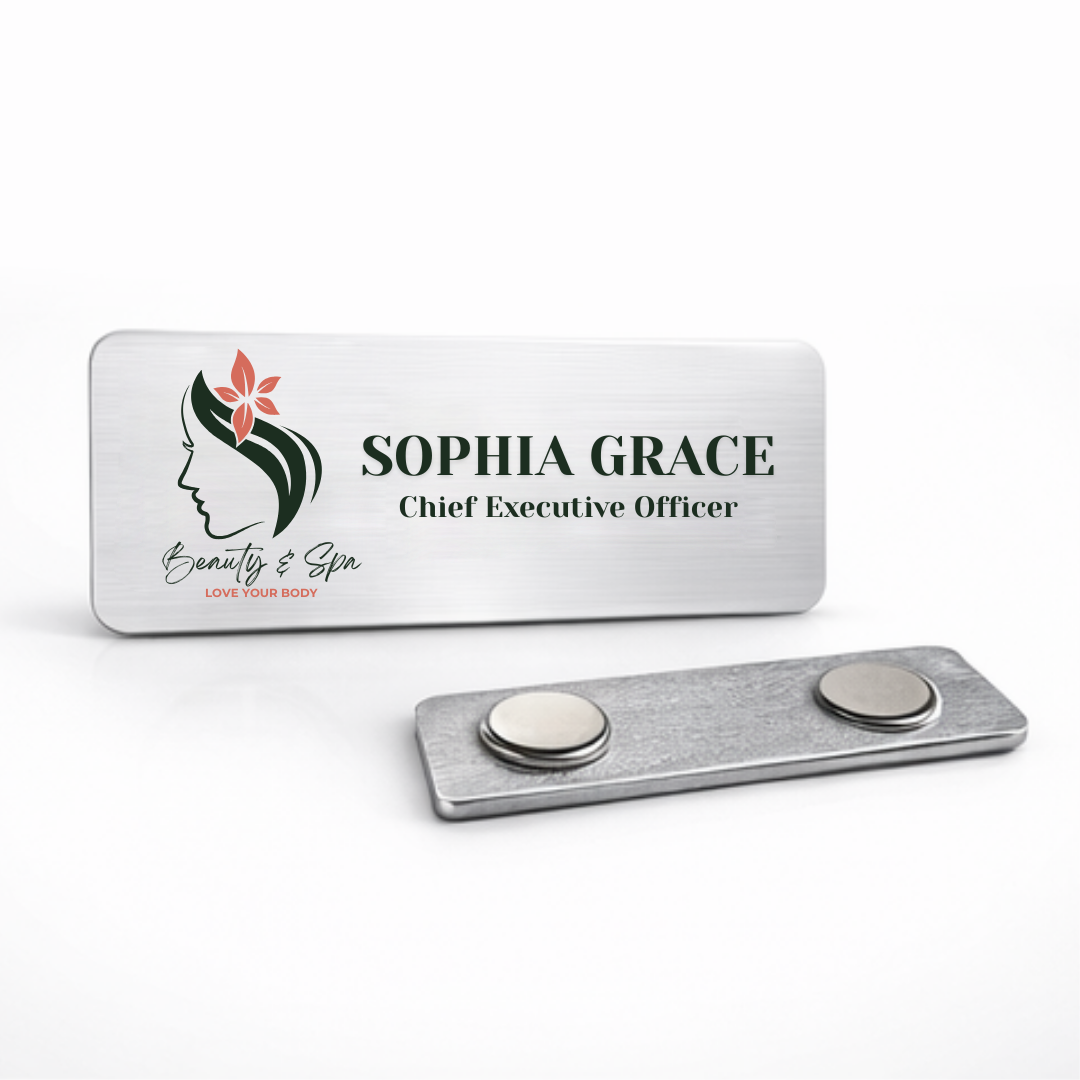 Custom aluminum name badge with full-color sublimation printing, featuring a professional logo and job title, ideal for business branding and trade shows