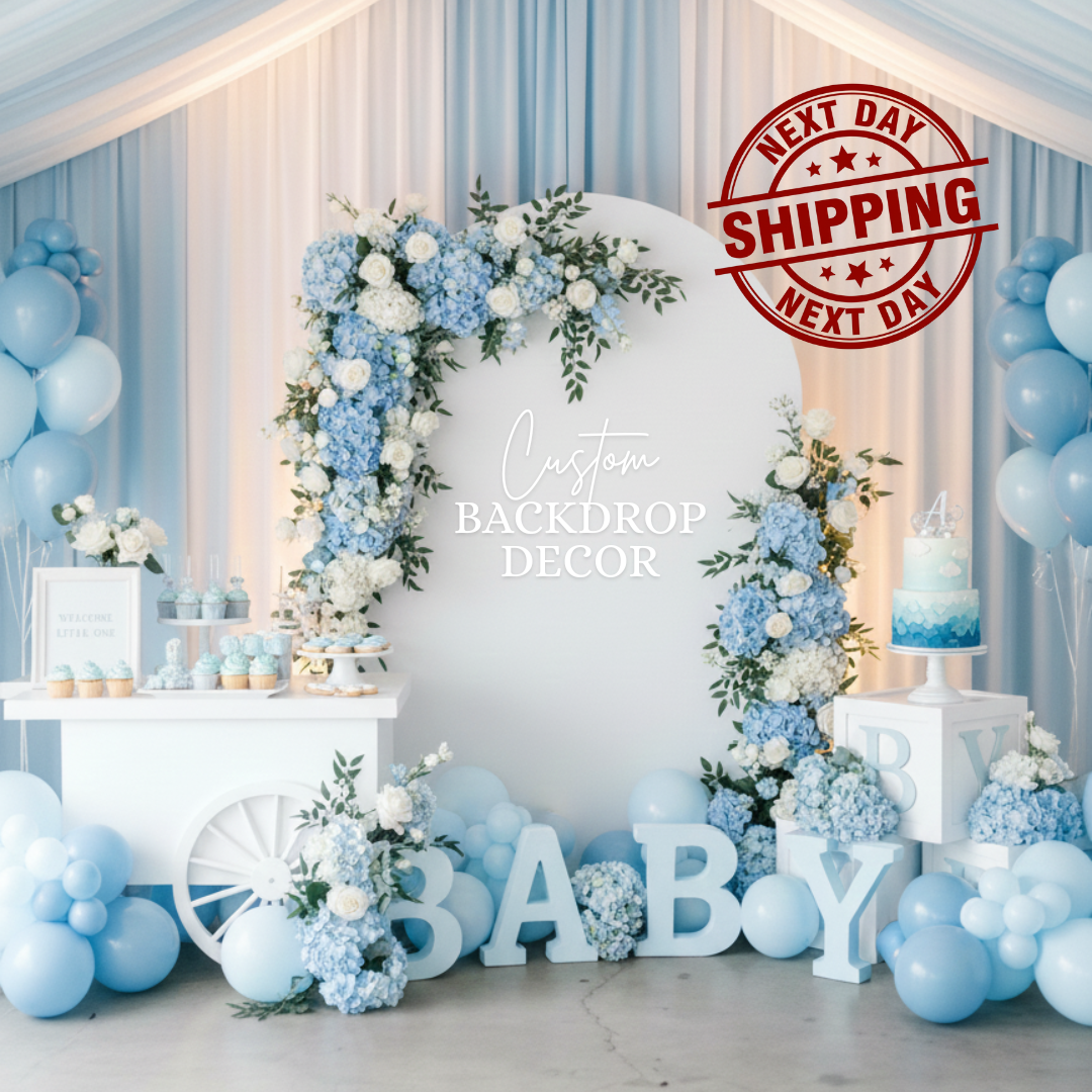 Custom event backdrop decor with balloon and floral styling