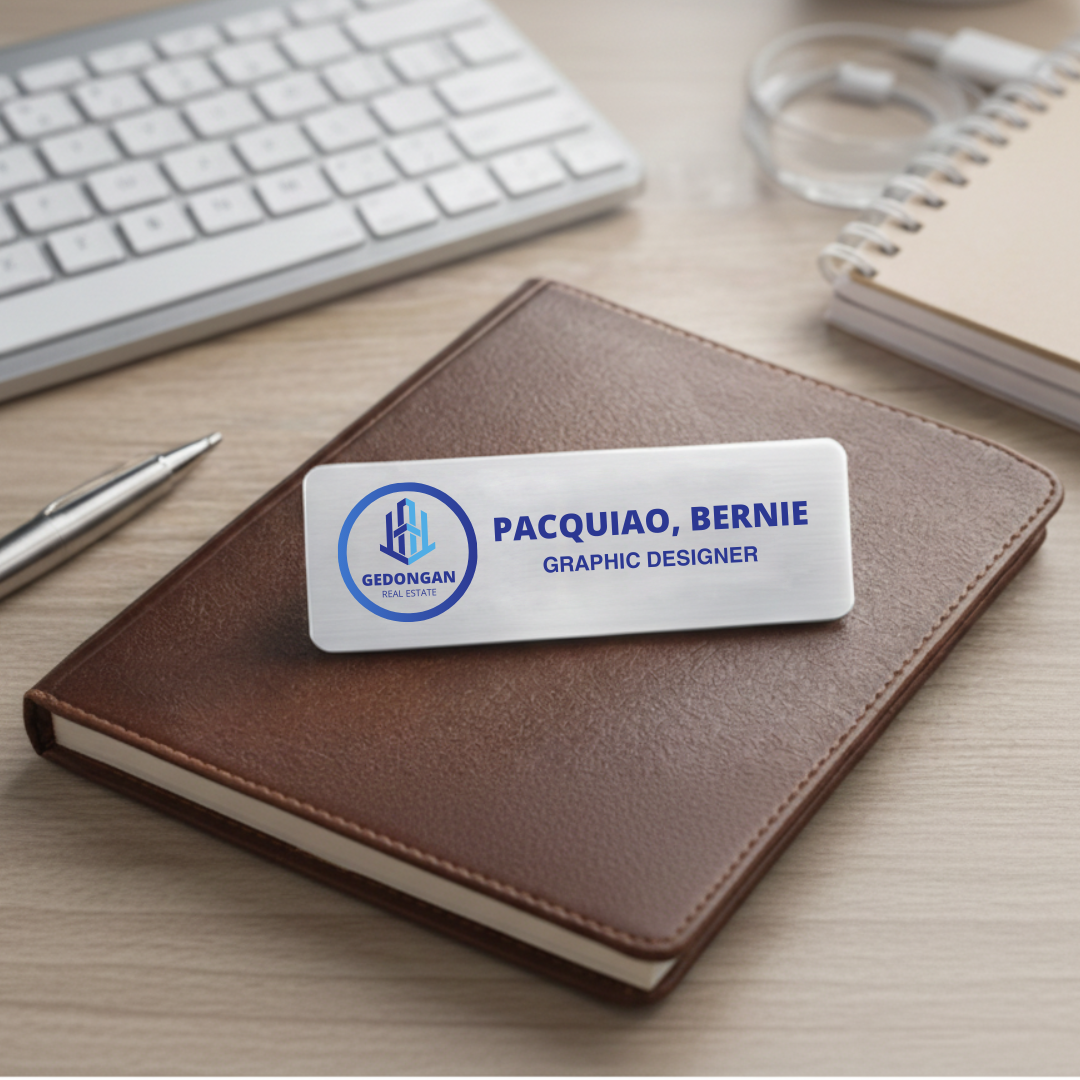 Gloss white sublimation aluminum name badge with clean design, perfect for business branding and promotional use