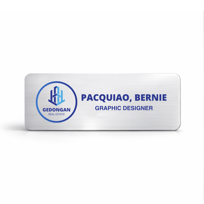 Custom professional name badge printed on aluminum, designed for trade shows, offices, and branded events