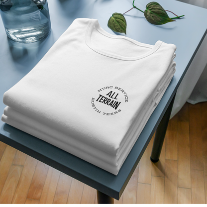 Stack of white shirts with a logo on a blue table Men women unisex sized Funny tshirt, fun t shirt, when the ladies get hot, when the ladies got hot, they call me, all terrain HVAC jokes, HVAC contractor shirts
