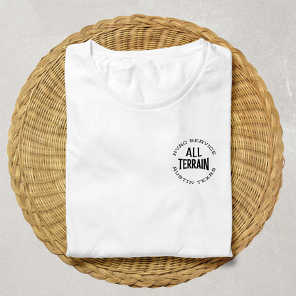 Folded white t-shirt with black text on a woven mat. Men women unisex sized Funny tshirt, fun t shirt, when the ladies get hot, when the ladies got hot, they call me, all terrain HVAC jokes, HVAC contractor shirts