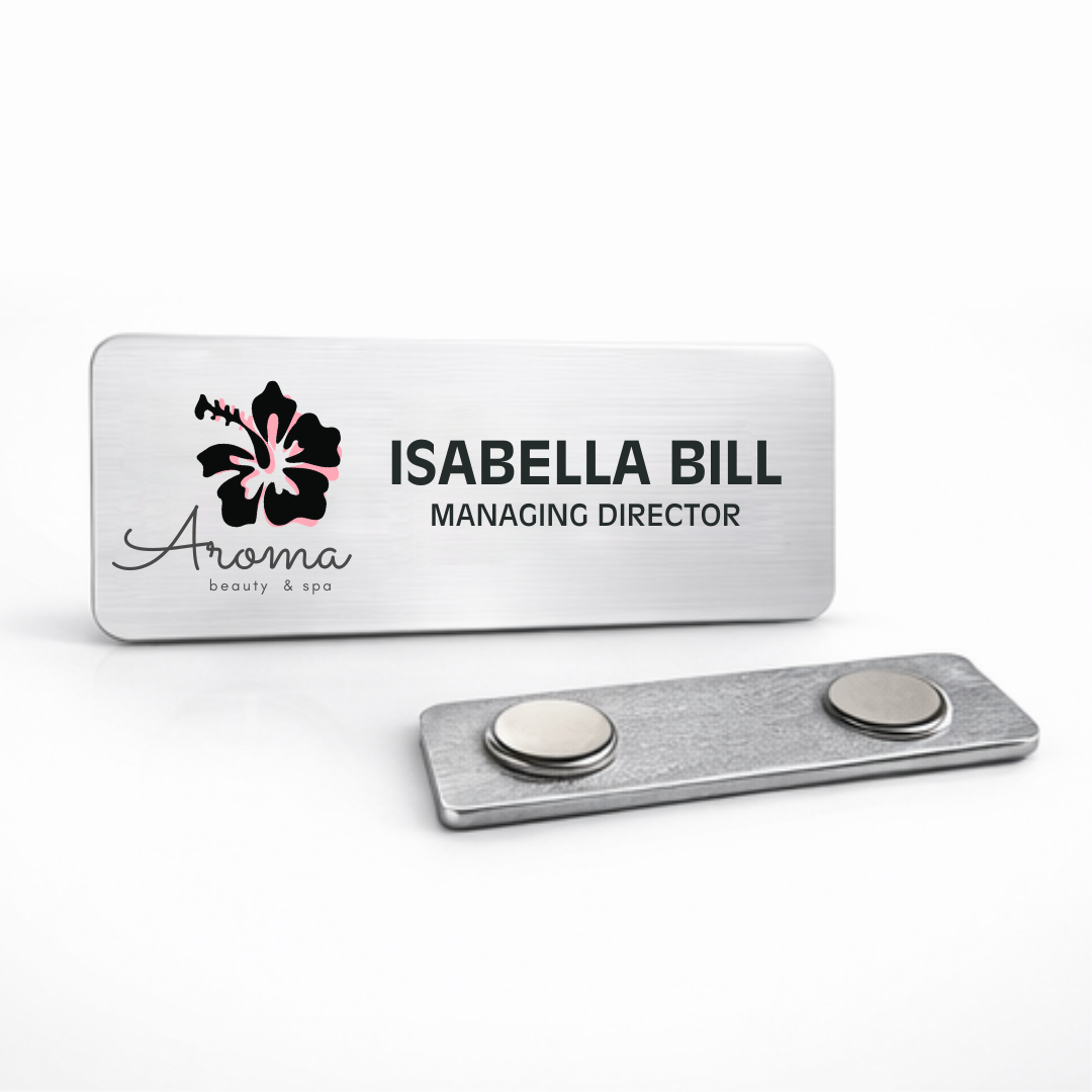 Gloss white sublimation aluminum name tag with rounded corners, designed for professional offices, corporate teams, and event staff