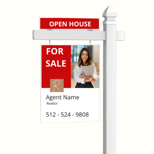 Real estate sign with a white post and hanging panel displaying a red 'FOR SALE' section, a photo of a female real estate agent holding a folder, and contact information, with a red 'OPEN HOUSE' sign above