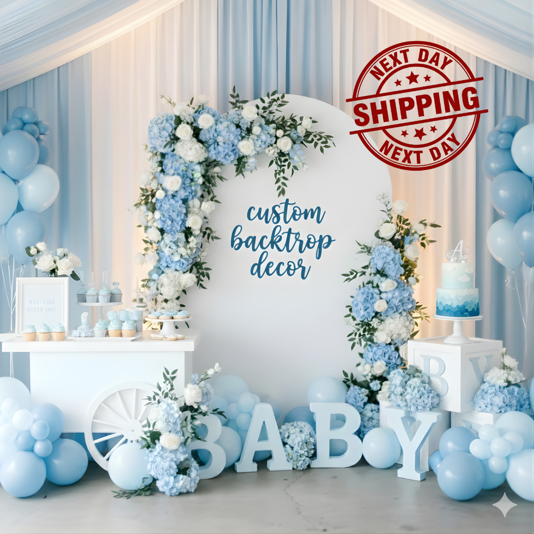 Balloon and floral event backdrop in custom color palette