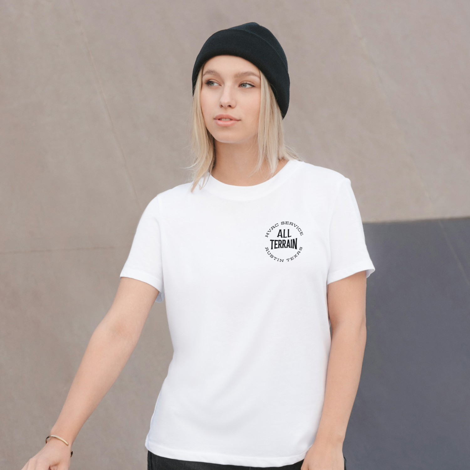 Person wearing a white t-shirt with a logo and text, standing against a plain background Men women unisex sized Funny tshirt, fun t shirt, when the ladies get hot, when the ladies got hot, they call me, all terrain HVAC jokes, HVAC contractor shirts