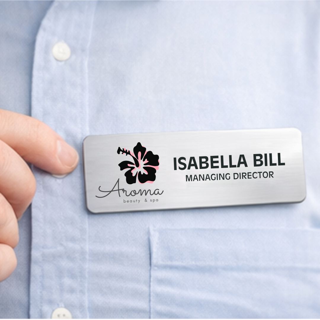 Aluminum sublimation name tag with clean typography and modern design, suitable for office staff, real estate teams, and trade shows