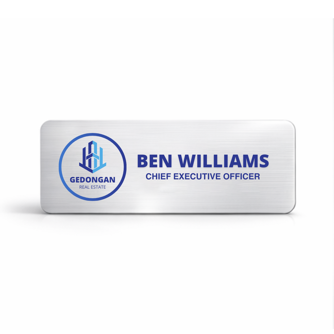 Professional aluminum name badge customized with logo and name, ideal for business uniforms and corporate branding