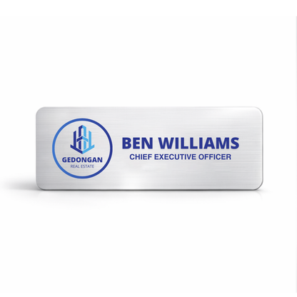 Professional aluminum name badge customized with logo and name, ideal for business uniforms and corporate branding