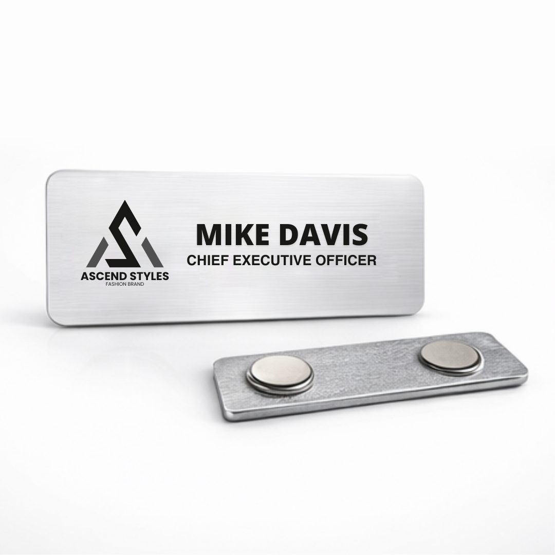 Custom sublimation aluminum name badge shown on business attire, designed for conferences, networking events, and offices