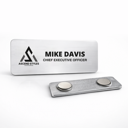 Custom sublimation aluminum name badge shown on business attire, designed for conferences, networking events, and offices