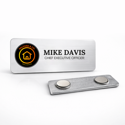 Gloss white aluminum name tag with rounded edges and sharp logo printing, perfect for professional brand visibility