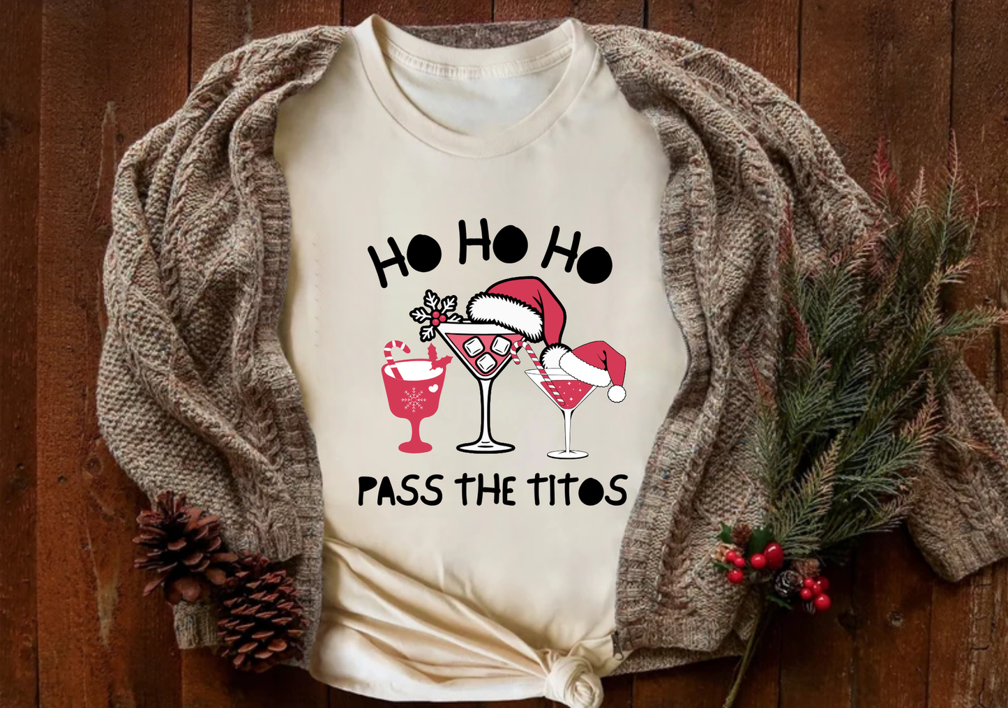 Funny Christmas T-Shirt – Ho Ho Ho Pass The Titos | Drinking Santa Shirt | Holiday Party Gift for Friends