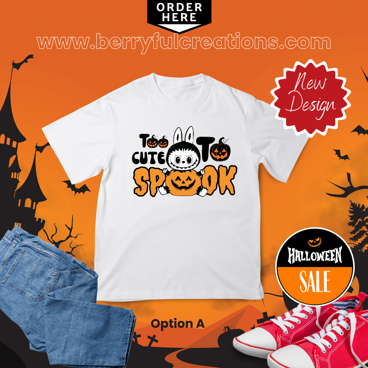 White Halloween t-shirt, 'Too Cute to Spook', pumpkin graphic design, red sneakers on an orange spooky background, customize tshirt for kids. 