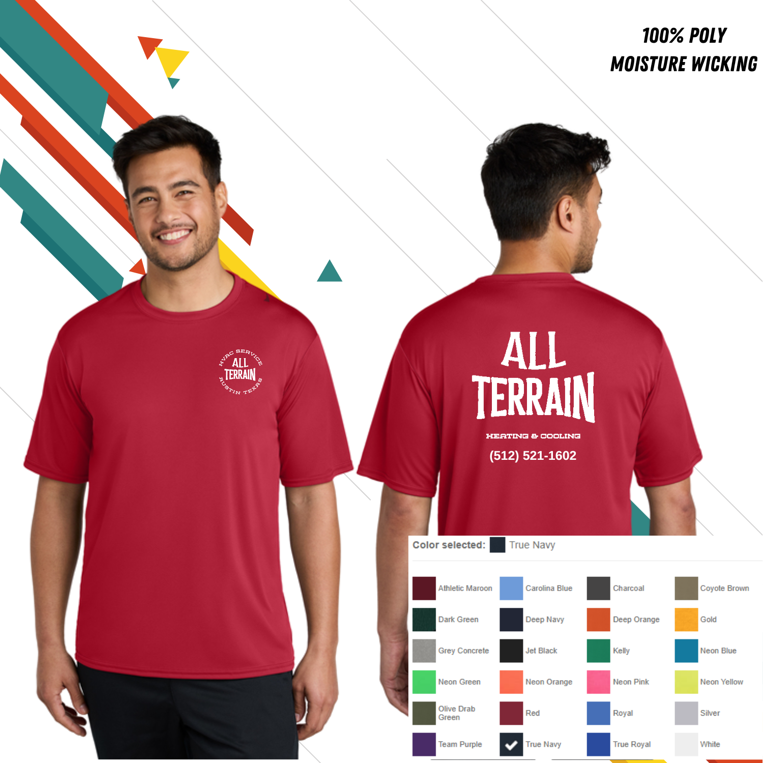 Red logo 'All Terrain' t-shirt displayed on a man with front and back views, color swatch included. Custom t-shirt, logo personalized design, men’s/unisex fit, front/back view.