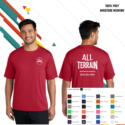 Red logo 'All Terrain' t-shirt displayed on a man with front and back views, color swatch included. Custom t-shirt, logo personalized design, men’s/unisex fit, front/back view.