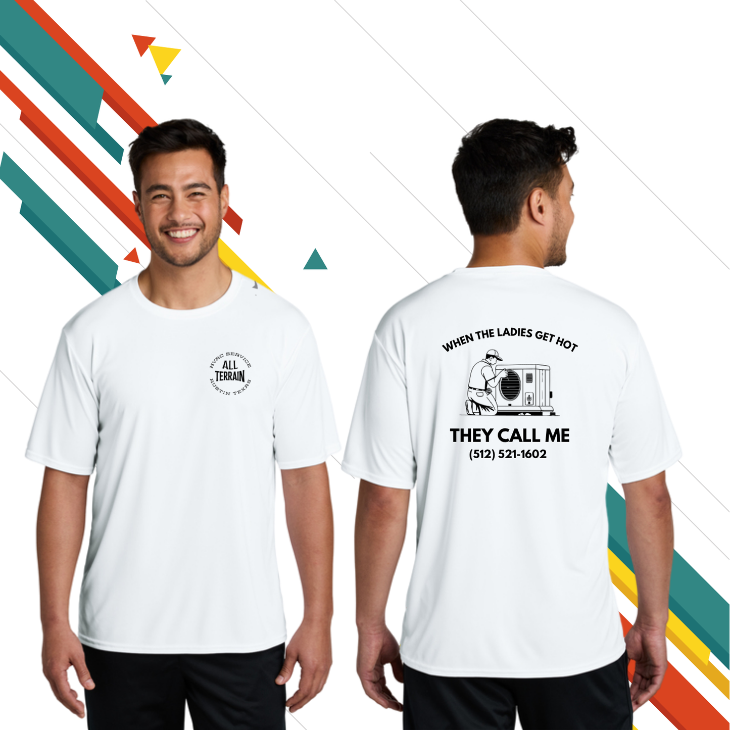 White long-sleeve shirt with 'All Terrain' design on front and back, worn by a model, with color selection options displayed. Men women unisex sized Funny tshirt, fun t shirt, when the ladies get hot, when the ladies got hot, they call me, all terrain HVAC jokes, HVAC contractor shirts