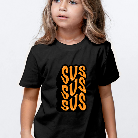 Child wearing a black t-shirt with orange text on a white background. custom personalized t shirt unisex kid youth adult women men crew neck polyester moisture wicking cotton soft comfortable