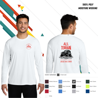 White long-sleeve shirt with 'All Terrain' design on front and back, worn by a model, with color selection options displayed. Custom t-shirt, logo personalized design, men’s/unisex fit, front/back view.