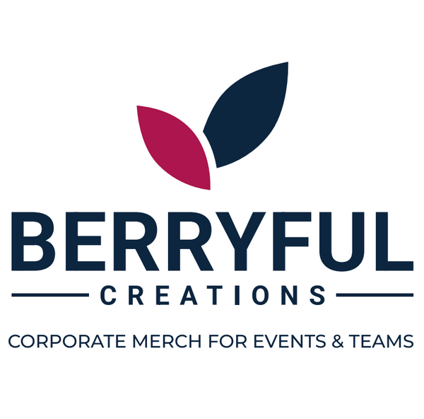 Company logo for BERRYFUL CREATIONS featuring two stylized leaves in navy and magenta above the text 'BERRYFUL CREATIONS' and the tagline 'CORPORATE MERCH FOR EVENTS & TEAMS' on a white background.