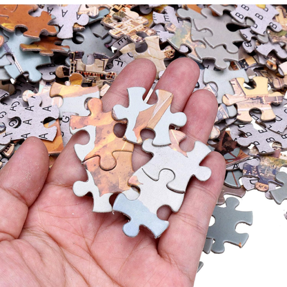 Custom photo jigsaw puzzle printed with a vibrant city night scene, premium personalized puzzle made in Austin TX for unique gifts and home décor