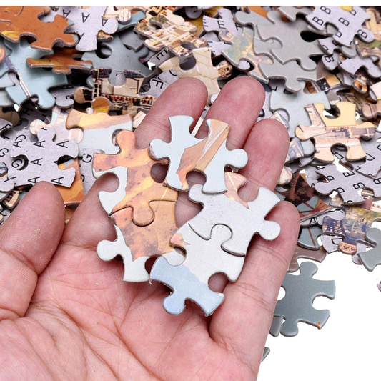 Custom photo jigsaw puzzle printed with a vibrant city night scene, premium personalized puzzle made in Austin TX for unique gifts and home décor