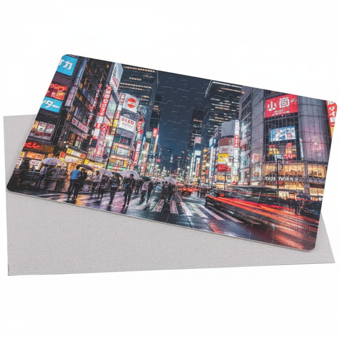 Personalized photo jigsaw puzzle with detailed urban night imagery, premium puzzle design produced by Berryful Creations in Austin TX