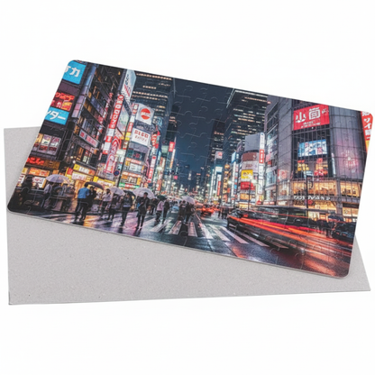 Personalized photo jigsaw puzzle with detailed urban night imagery, premium puzzle design produced by Berryful Creations in Austin TX